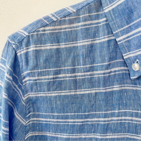 Ben Sherman Blue White Linen Blend Long Sleeve Button Down Shirt - Picture 7 of 13
